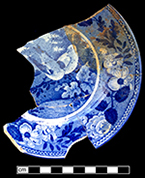Pearlware common shape cup printed underglaze in medium blue.  Matching pearlware saucers.  Four matching saucers and two matching cups in assemblage.  3.75” cup rim diameter, 2.5” cup vessel height. 5.5” saucer rim diameter, 1” saucer vessel height.